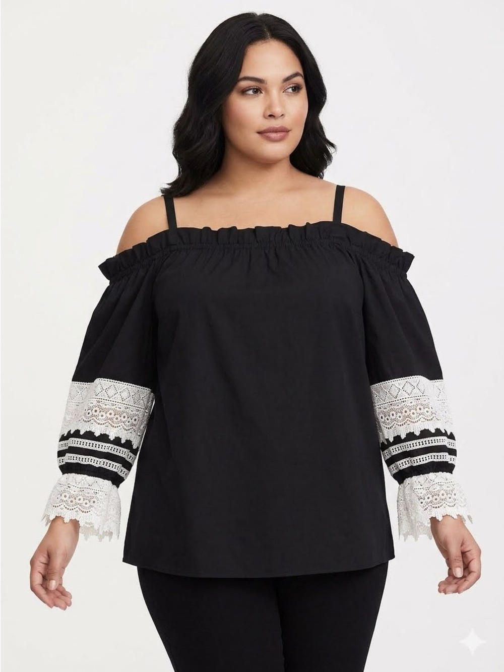 Eloquii Black Off-Shoulder Top with White Lace Sleeves Size 20 NWT
